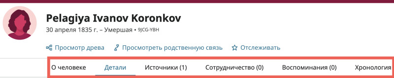 Скриншот вкладок навигации на странице Пелагея Иванова Коронкова.