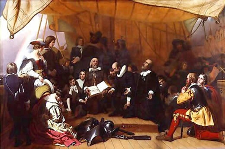 Pilgrims gathered on the ship, Speedwell, before their departure.