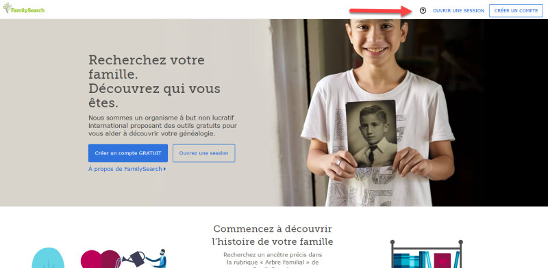 La page d'accueil sur le site FamilySearch.org, montrant où trouver le centre d’aide.