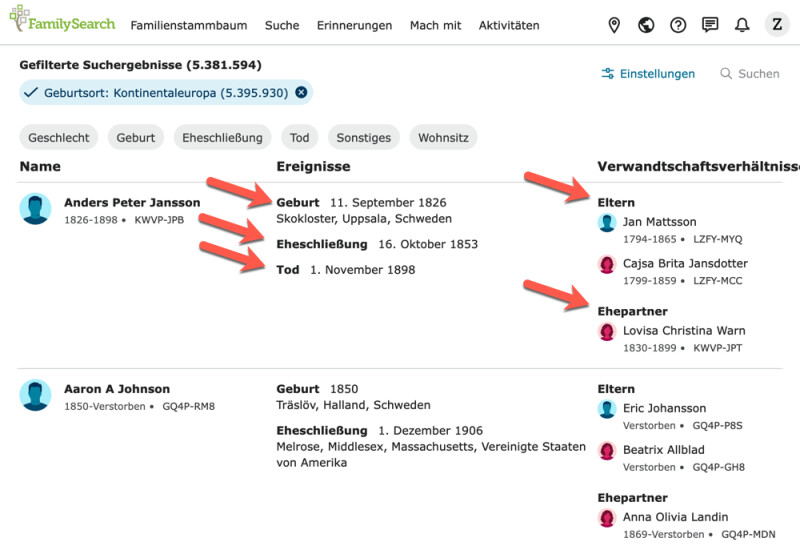 Suchergebnisse in der Ansicht „Fixe Tabelle“, wo die Angaben zu einem Ergebnis enger gruppiert sind und sich leichter überfliegen lassen