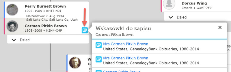 Zrzut ekranu ze wskazówkami do zapisu w drzewie genealogicznym.