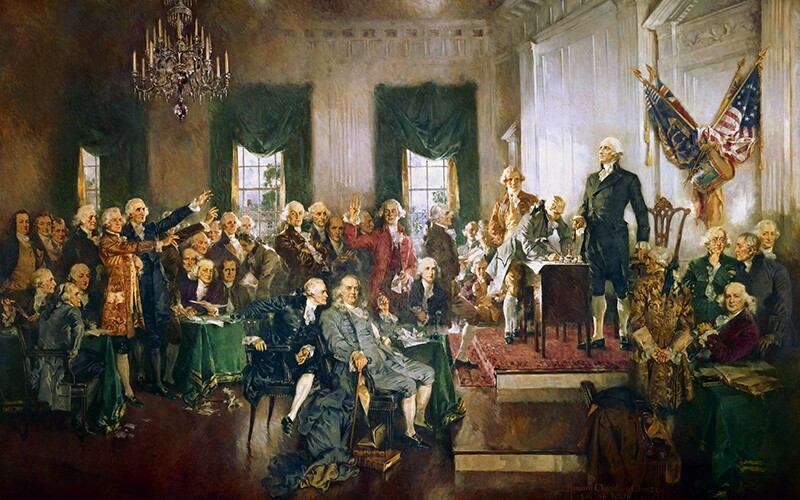 Artist depiction of the historic signing of the U.S. Constitution by the Founding Fathers.