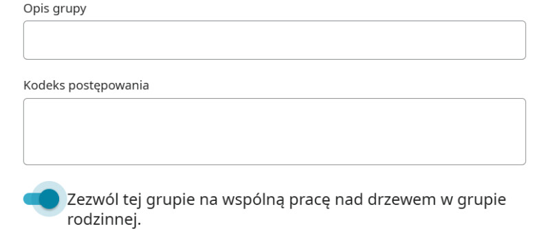 Zrzut ekranu okna Szczegóły grupy dla grupy rodzinnej FamilySearch, pokazujący, jak „Zezwolić tej grupie na wspólną pracę nad drzewem grupy rodzinnej”.