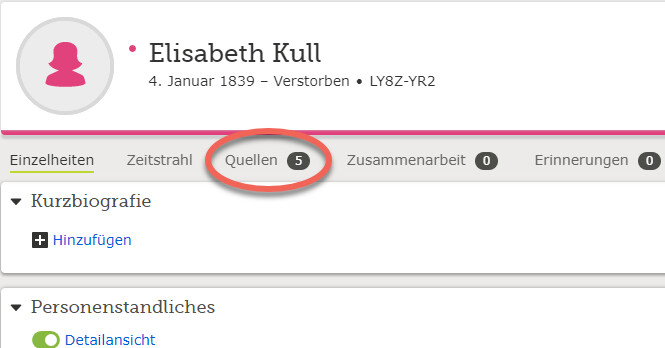 Screenshot des Registers „Quellen“