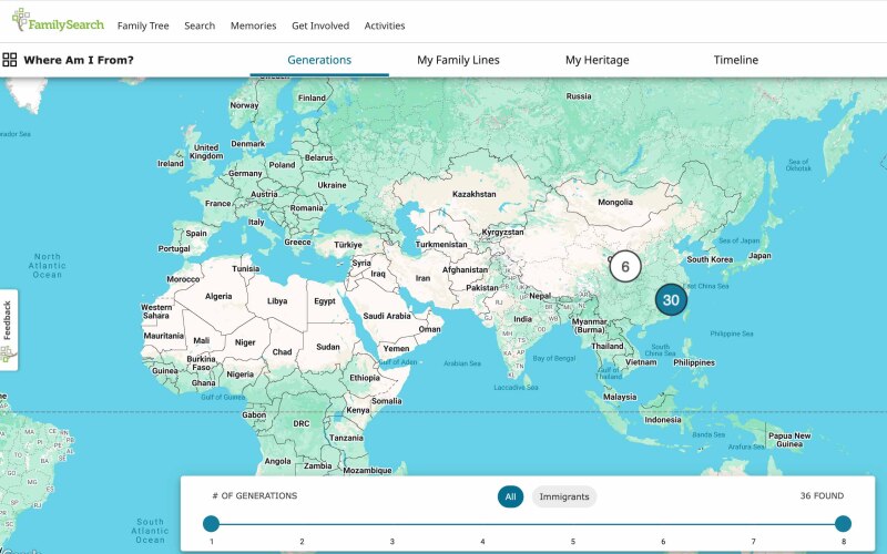 A screenshot from the Where Am I From? activity on FamilySearch that shows where your ancestors from your family tree are from.