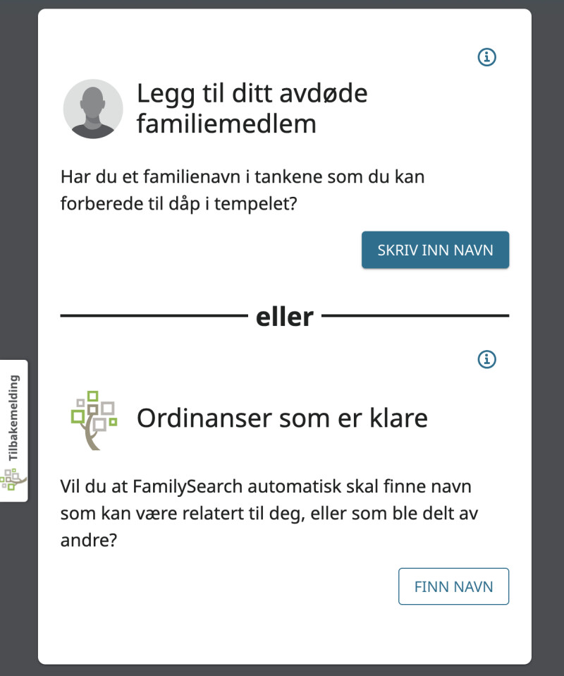 Skjermbilde av verktøyet Family Name Assist som brukes til å hjelpe et medlem å skrive ut et familienavn til stedfortredende dåp for første gang.