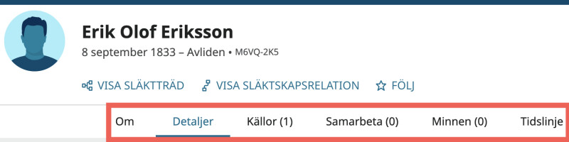 En skärmbild av Erik Olof Erikssons navigeringsflikar på personsidan.