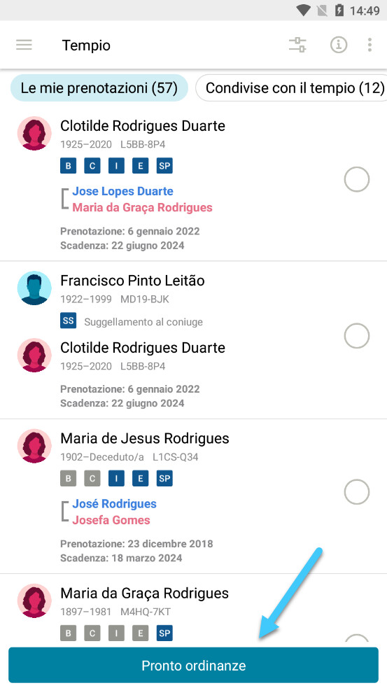 Screenshot of how to get to the temple menu on the Family Tree App in Italian.