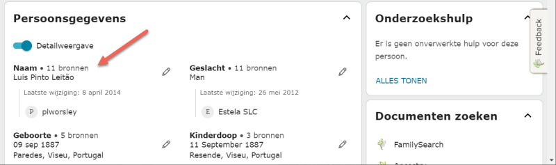 Screenshot van aantal bronnen op FamilySearch.org