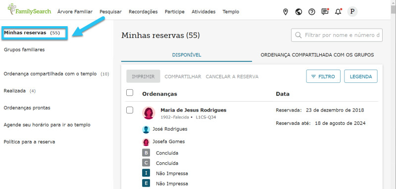 A aba Minhas reservas no FamilySearch, exibindo nomes reservados de familiares.