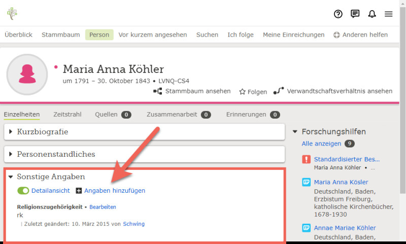 Der Bereich „Sonstige Angaben“ auf einer Personenseite auf FamilySearch.