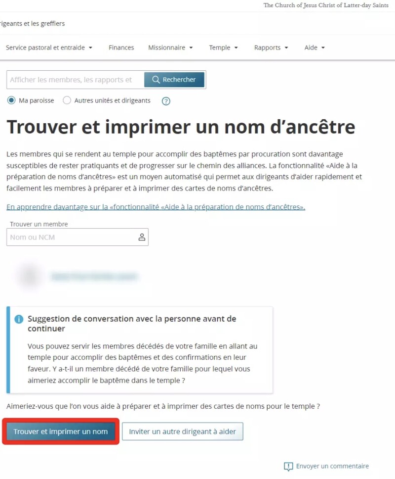 Copie d’écran de l’outil d’aide à la préparation de noms d’ancêtres dans la Documentation pour dirigeants et greffiers.