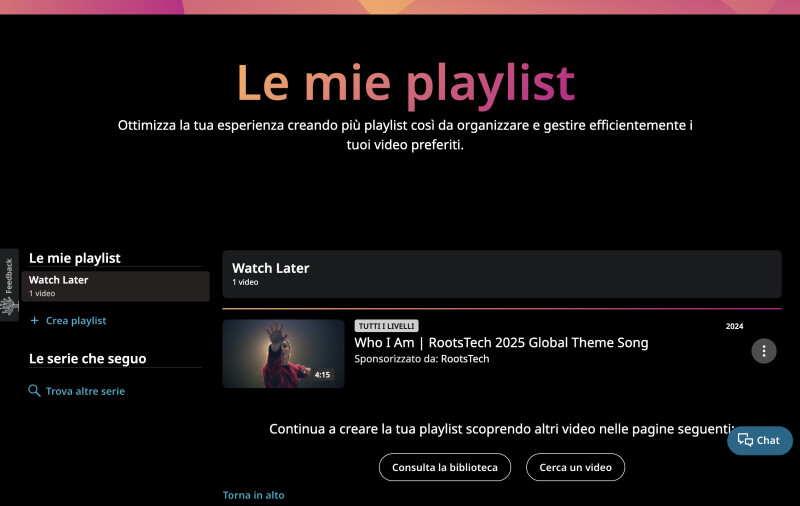 Schermata della funzione Le mie playlist sul sito Internet di RootsTech per RootsTech 2024
