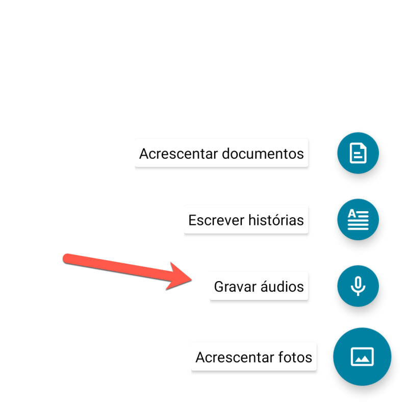 Captura de tela do aplicativo Recordações do FamilySearch mostrando como adicionar um áudio.