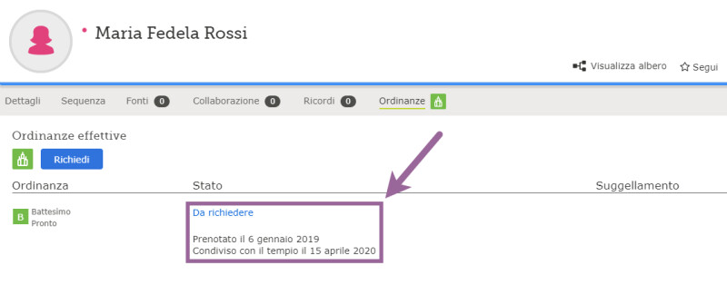 Schermata che mostra il messaggio relativo a un’ordinanza condivisa: Questa ordinanza è condivisa con il tempio. Puoi prenotare questa ordinanza e poi avrai 90 giorni per celebrarla.