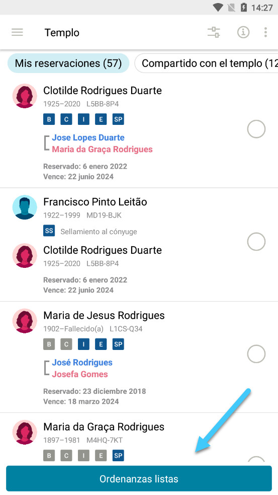Screenshot of the Ordinances Ready button on an Android phone in Spanish.