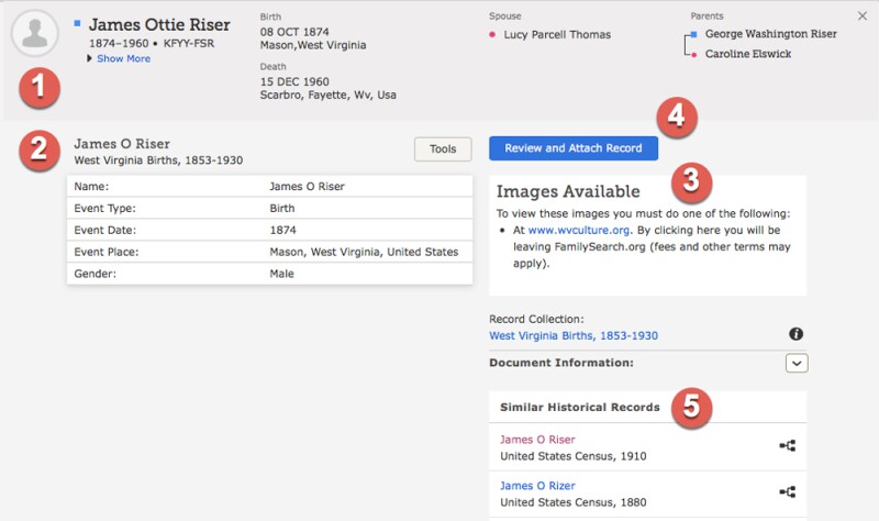 Screenshot of record details with numbers showing different areas.