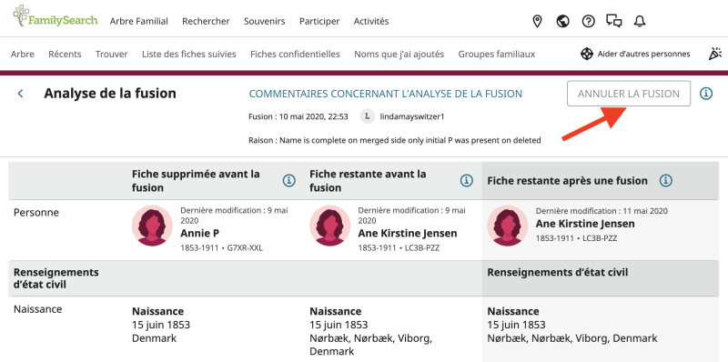 Copie d’écran du bouton « Annuler la fusion » dans l’affichage d’analyse de la fusion.