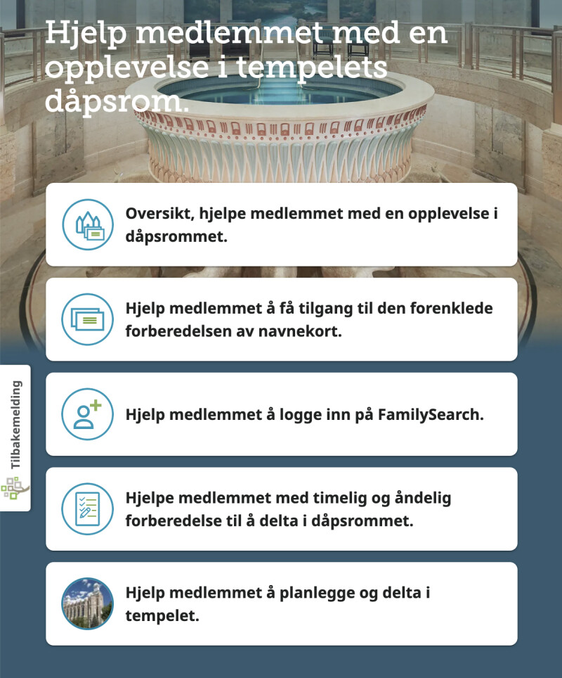 Skjermbilde av et verktøy som brukes til å hjelpe et medlem å skrive ut et familienavn til stedfortredende dåp for første gang.
