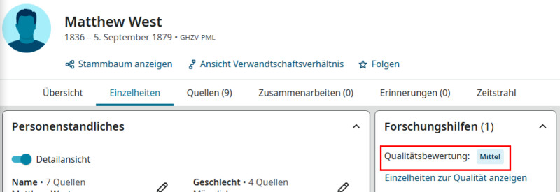 Ein Screenshot einer Profilseite in FamilySearch, auf dem die Qualitätsbewertung angezeigt wird