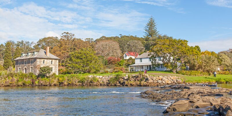 The Stone Store, Kemp House, and St. James Church at Kerikeri Mission Station, New Zealand.
