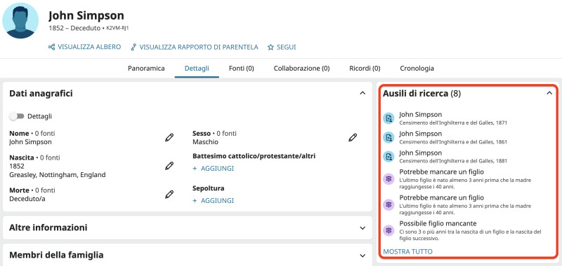 Screenshot della pagina del profilo di John Simpson su FamilySearch, che mostra 5 ausili di ricerca