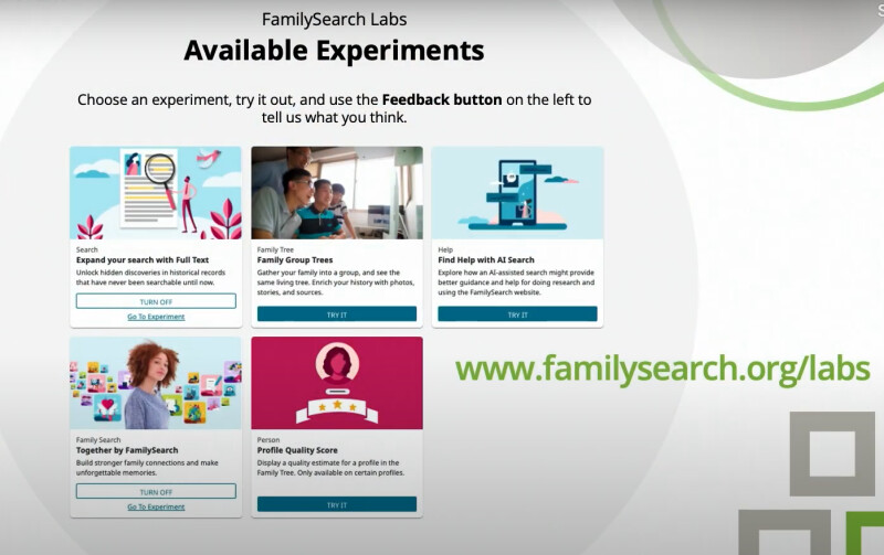 Five images with descriptions of Experiments on FamilySearch Labs