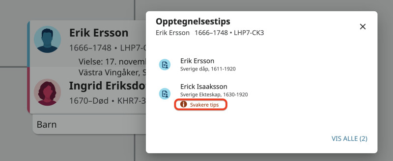 Et popup-vindu med to opptegnelsestips på Slektstre. Under det ene tipset står ordene “svakere tips” i rødt.