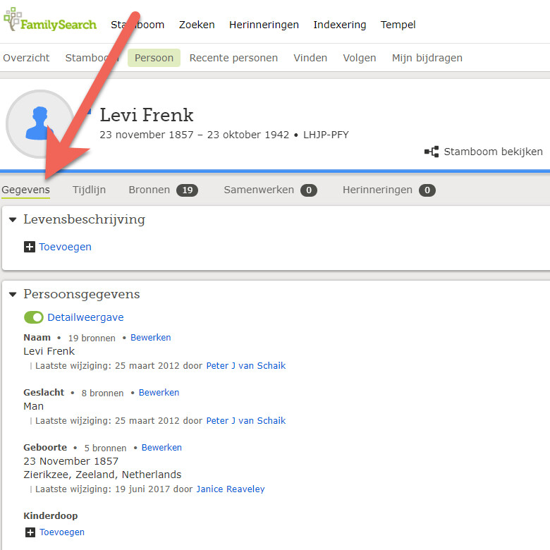 Tabblad Details op FamilySearch persoonspagina.