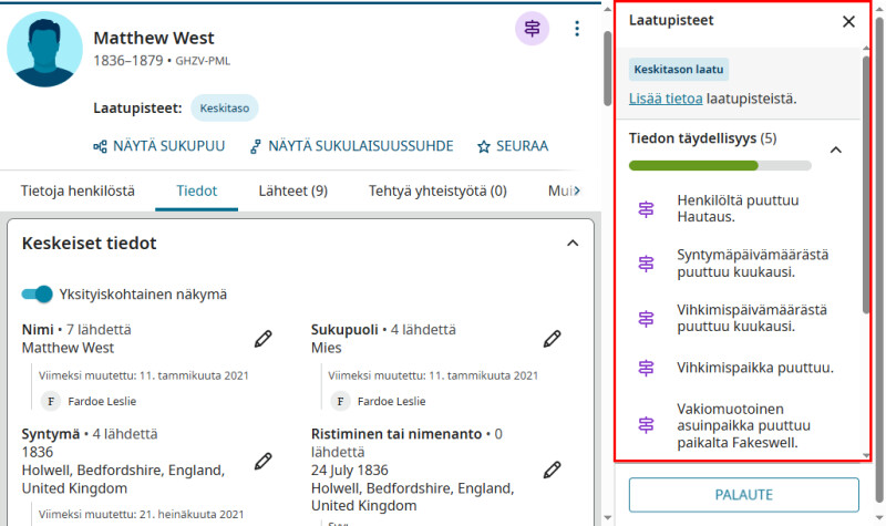 FamilySearchin näyttökuva, jossa näkyy ehdotuksia henkilön profiilisivun tiedon laatupisteiden parantamiseksi.