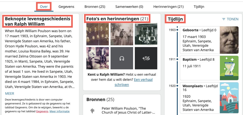 Een screenshot van het tabblad Over op de persoonspagina van Ralph William Poulson.
