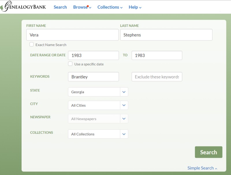 the genealogy bank website, showing how to find obituaries