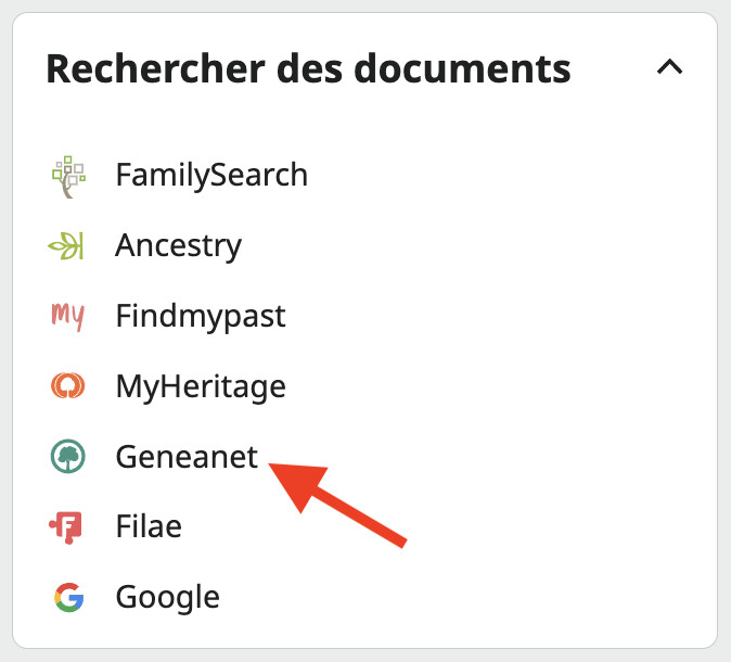 Capture d'écran de la section recherche de documents mettant en évidence le lien vers Geneanet dans l'Arbre Familial de FamilySearch