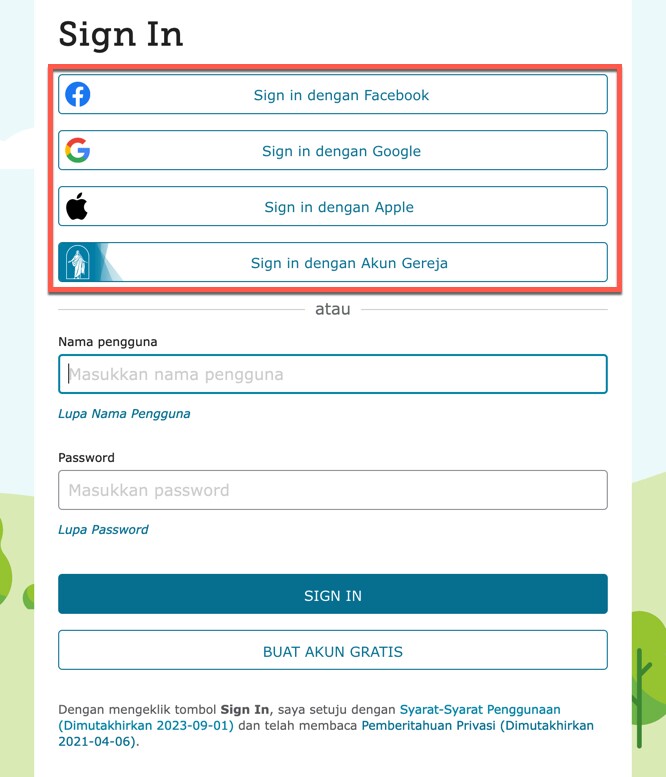 Tangkapan layar laman Sign In pada FamilySearch.org, memperlihatkan opsi untuk sign in menggunakan Facebook, Google, Apple, atau Akun Gereja.