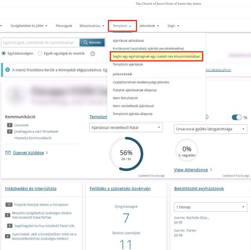 A Leader and Clerk Resources felületén található, <i>Segíts egy egyháztagnak egy családi név kinyomtatásában</i> menüpont képernyőképe