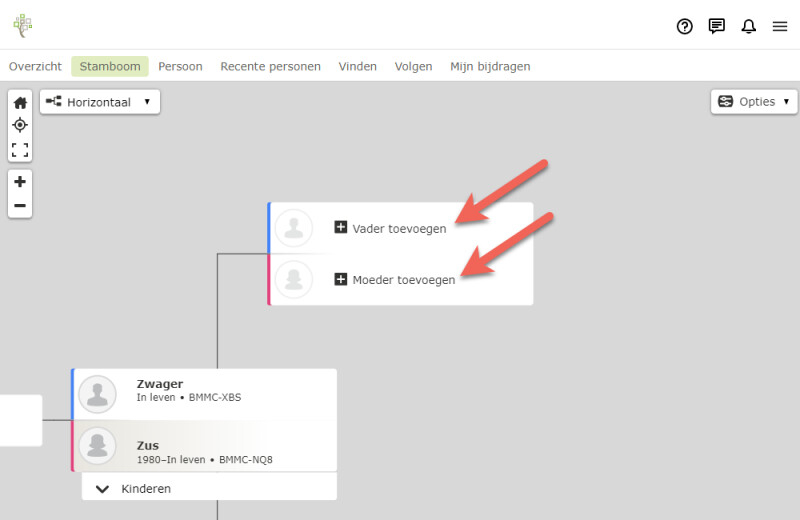 Screenshot van de knoppen Vader toevoegen en Moeder toevoegen in FamilySearch.