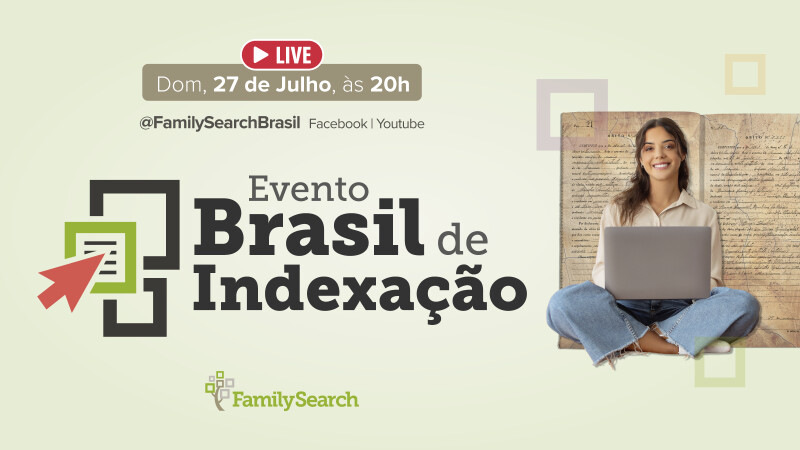 Mulher com laptop no colo sorrindo ao lado do anúncio do Evento Brasil de Indexação