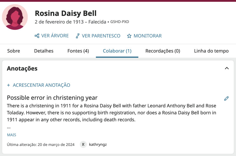 Uma captura de tela da página de colaboração de um perfil no FamilySearch. Uma anotação debate um possível erro no ano do batizado.