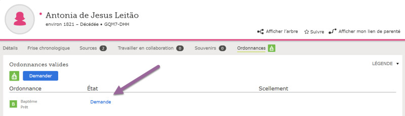 Copie d’écran d’une page personnelle sur le site de FamilySearch. Comment demander la réservation d’ordonnances ayant été transmises au temple depuis la rubrique « Arbre Familial ».
