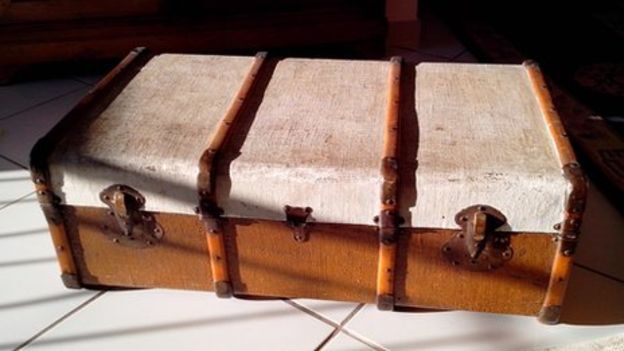 A trunk/suitcase, white on top and brown underneath