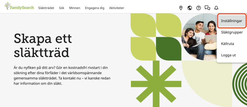 FamilySearchs startsida. Användarnamnet i övre högra hörnet har valts. Alternativet i listrutan för ”Inställningar” har inramats i rött.