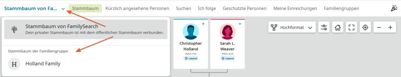 Screenshot der Navigation zwischen dem weltweiten Familienstammbaum und dem Stammbaum einer Familiengruppe auf FamilySearch.org