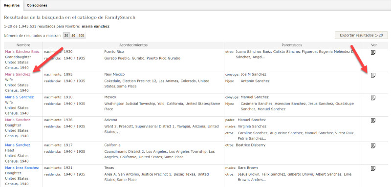 Captura de pantalla de los resultados de búsqueda de FamilySearch.