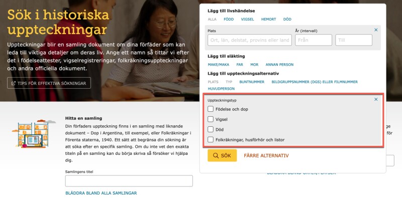 Skärmdump av sidan Sök i historiska uppteckningar på FamilySearch. En röd ruta markerar typ av uppteckning.