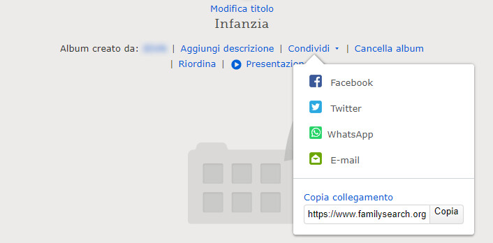 Opzione Condividi sull'Album ricordi