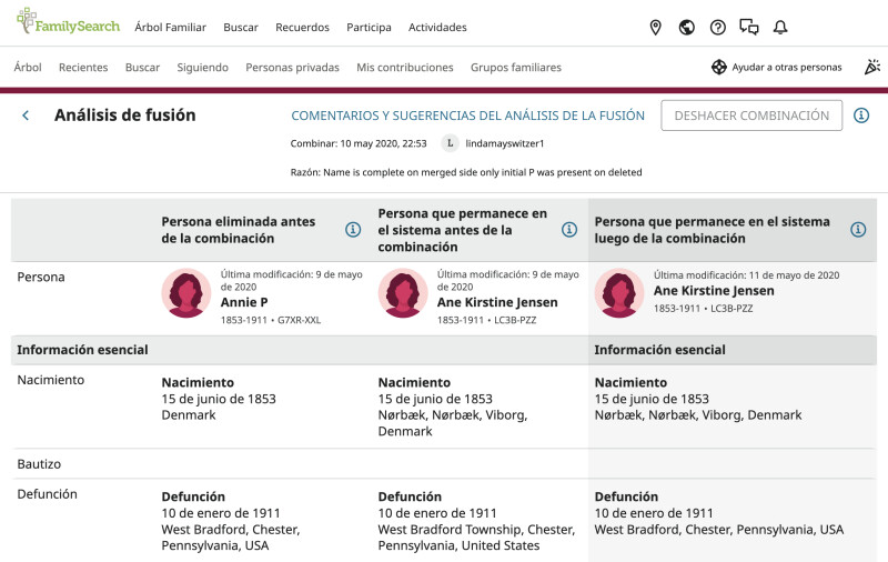 Captura de pantalla de la vista de análisis de fusión en FamilySearch.org.