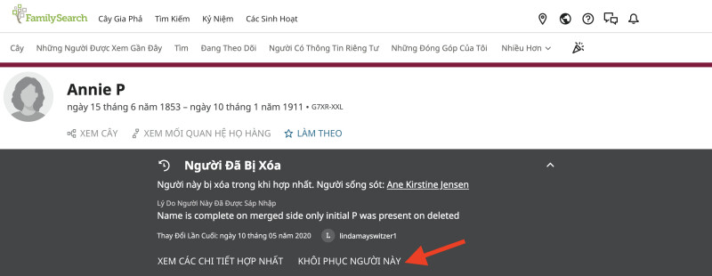 Ảnh chụp màn hình Nút Phục Hồi Người Này trên FamilySearch.org.