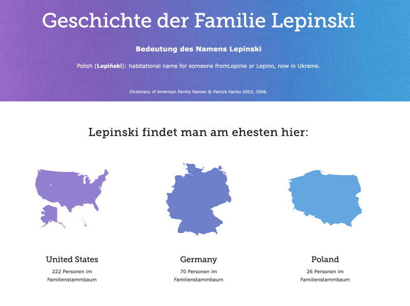 Screenshot der Funktion zur Ermittlung der Herkunft eines Nachnamens auf FamilySearch.org