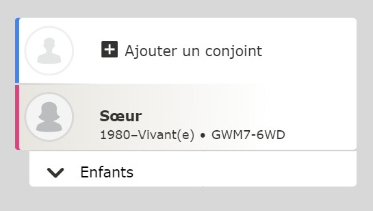 Copie d’écran montrant le bouton « Ajouter un conjoint » sur le site de FamilySearch.