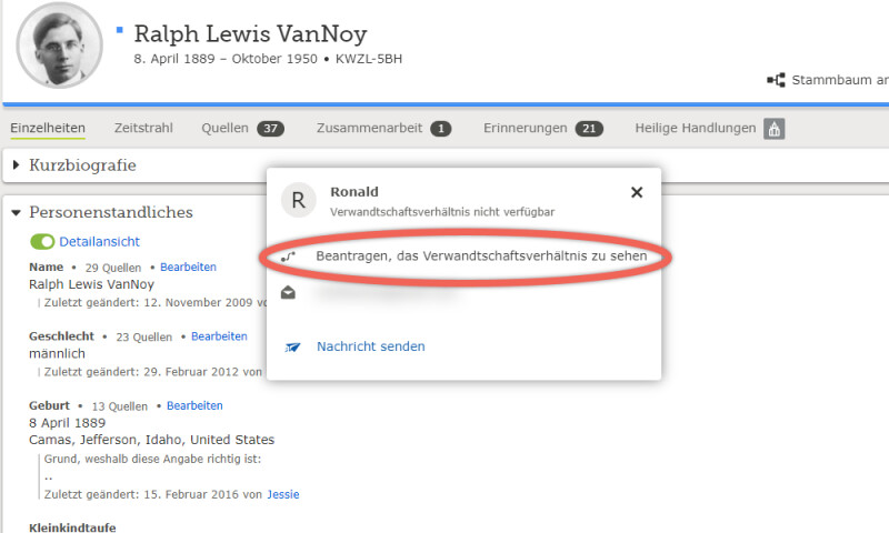 Ein Screenshot von der Schaltfläche, über die man auf FamilySearch darum bittet, das Verwandtschaftsverhältnis einsehen zu dürfen